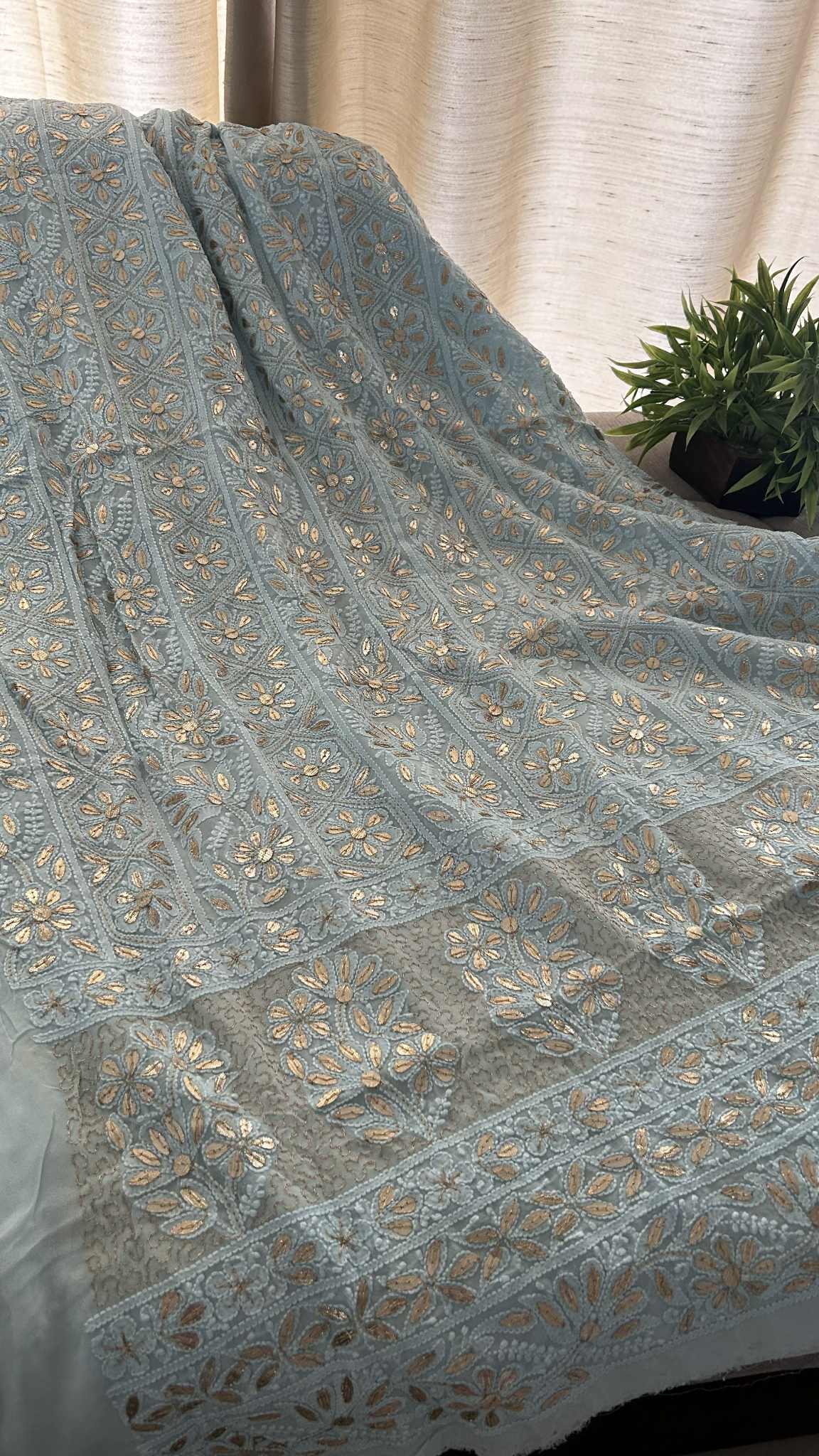 Powder Blue Gota Patti Unstitched Chikankari Suit (Kurta & Dupatta)