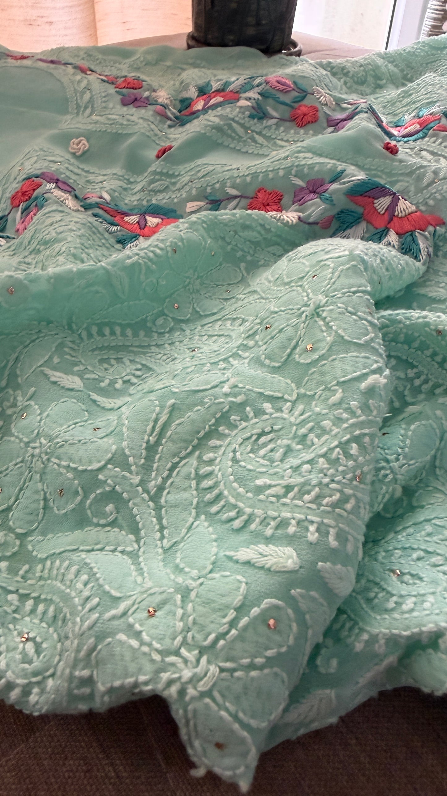Sea Green Parsi Gara Chikankari Suit