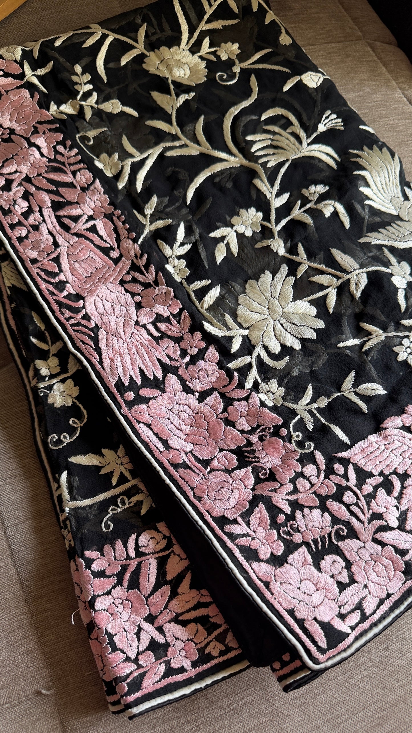 Designer Black Parsi Gara Dupatta with Pink Border