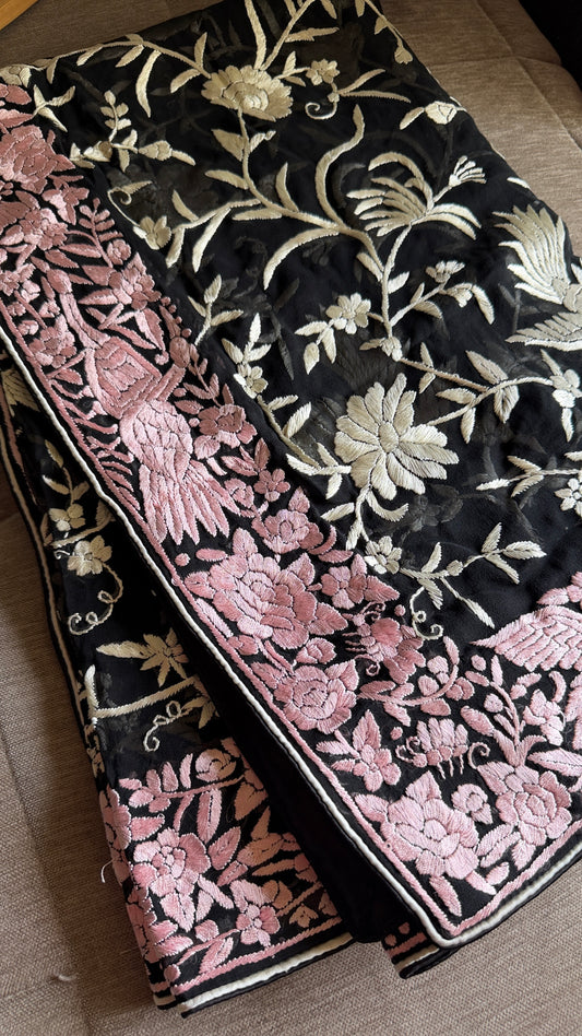 Designer Black Parsi Gara Dupatta with Pink Border