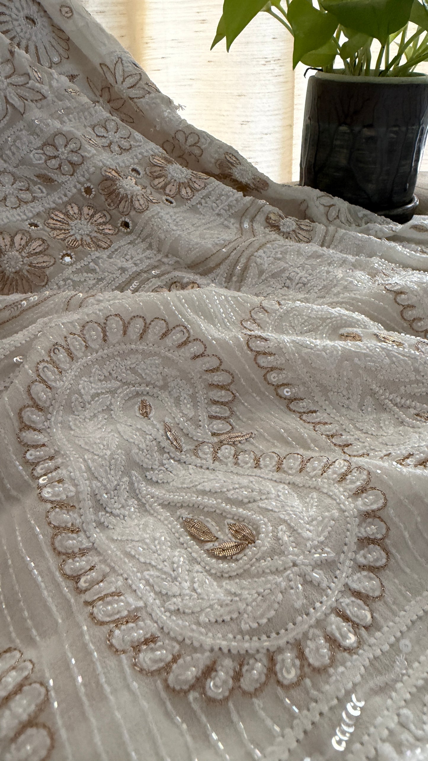 Ivory White Pearl Gota Patti Chikankari Saree