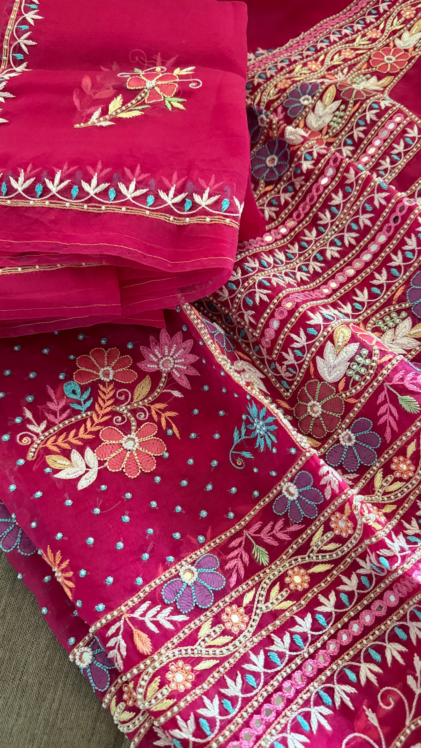 Luxury Pearl Handcrafted Organza Chikankari Suit- Magenta