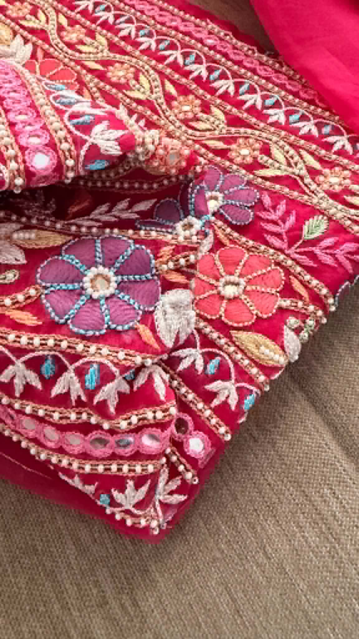 Luxury Pearl Handcrafted Organza Chikankari Suit- Magenta