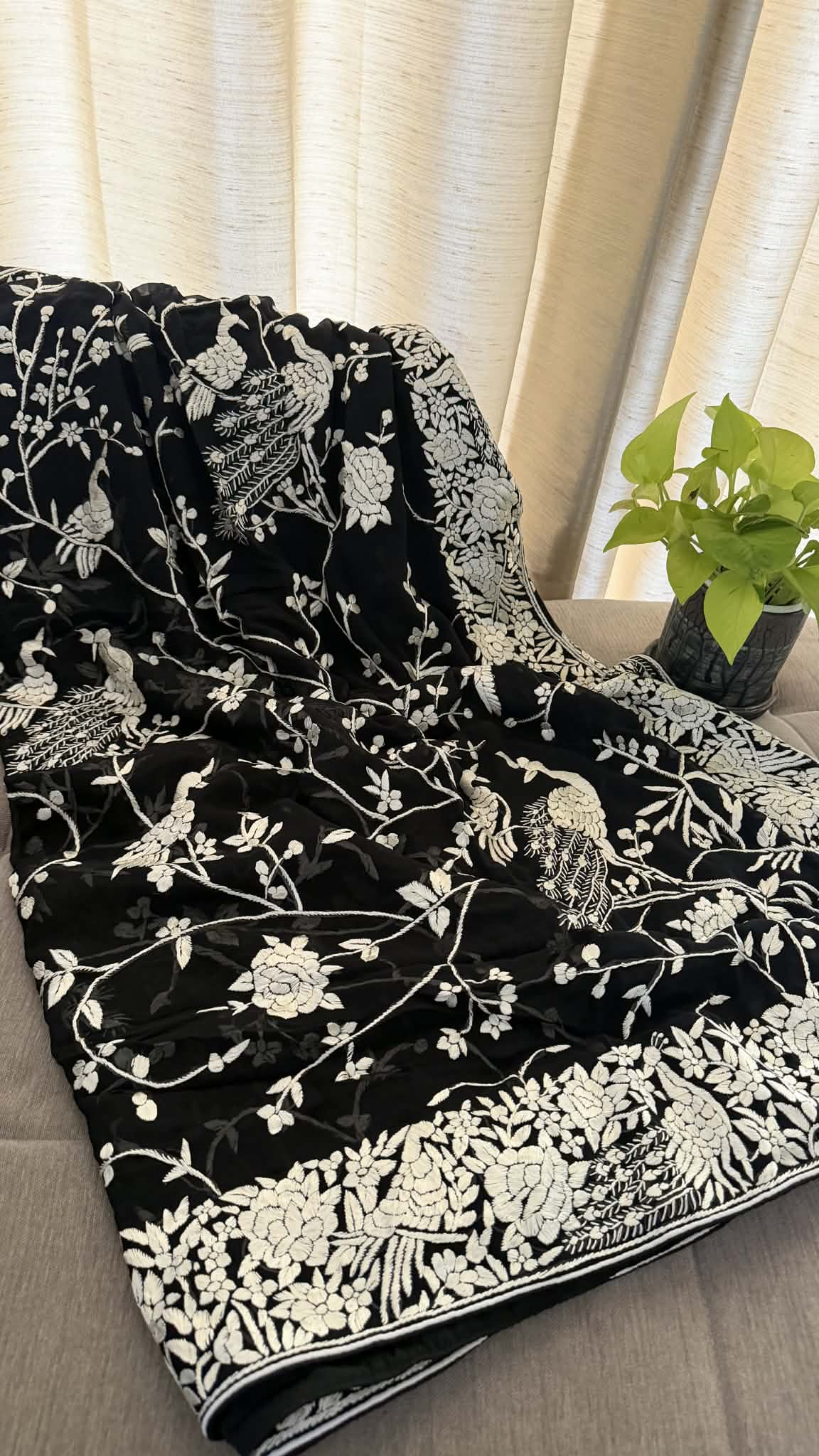 Artisanal Black & Ivory Parsi Gara Saree