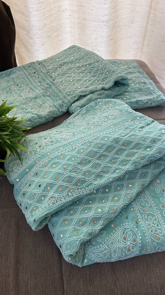 Sea Green Mukaish Lucknowi Chikankari Lehenga Set