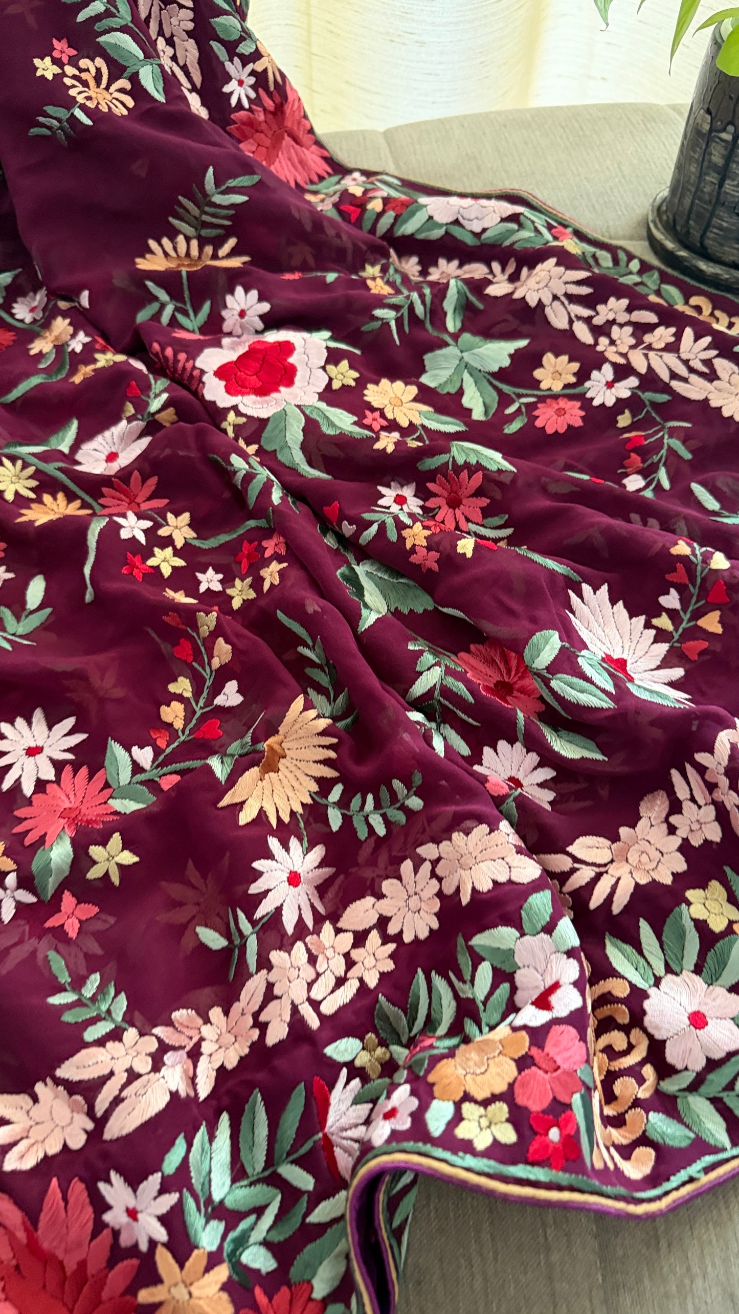 Burgundy Floral Parsi Gara Dupatta