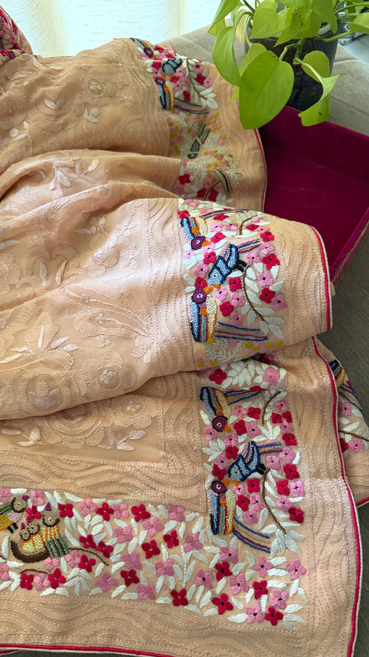 Peach Chikankari Parsi Gara Saree
