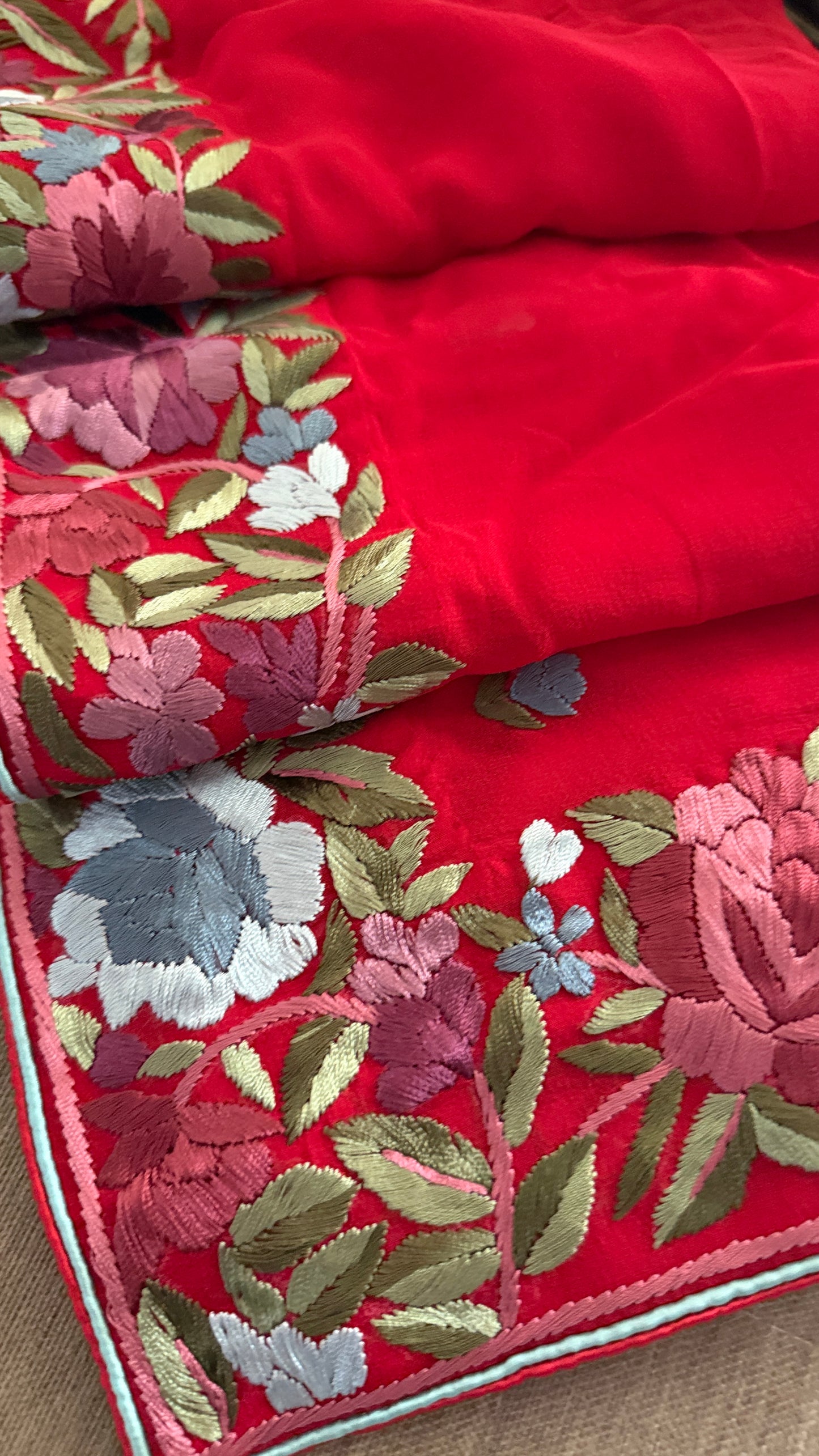 Artisanal Red Floral Parsi Gara Dupatta