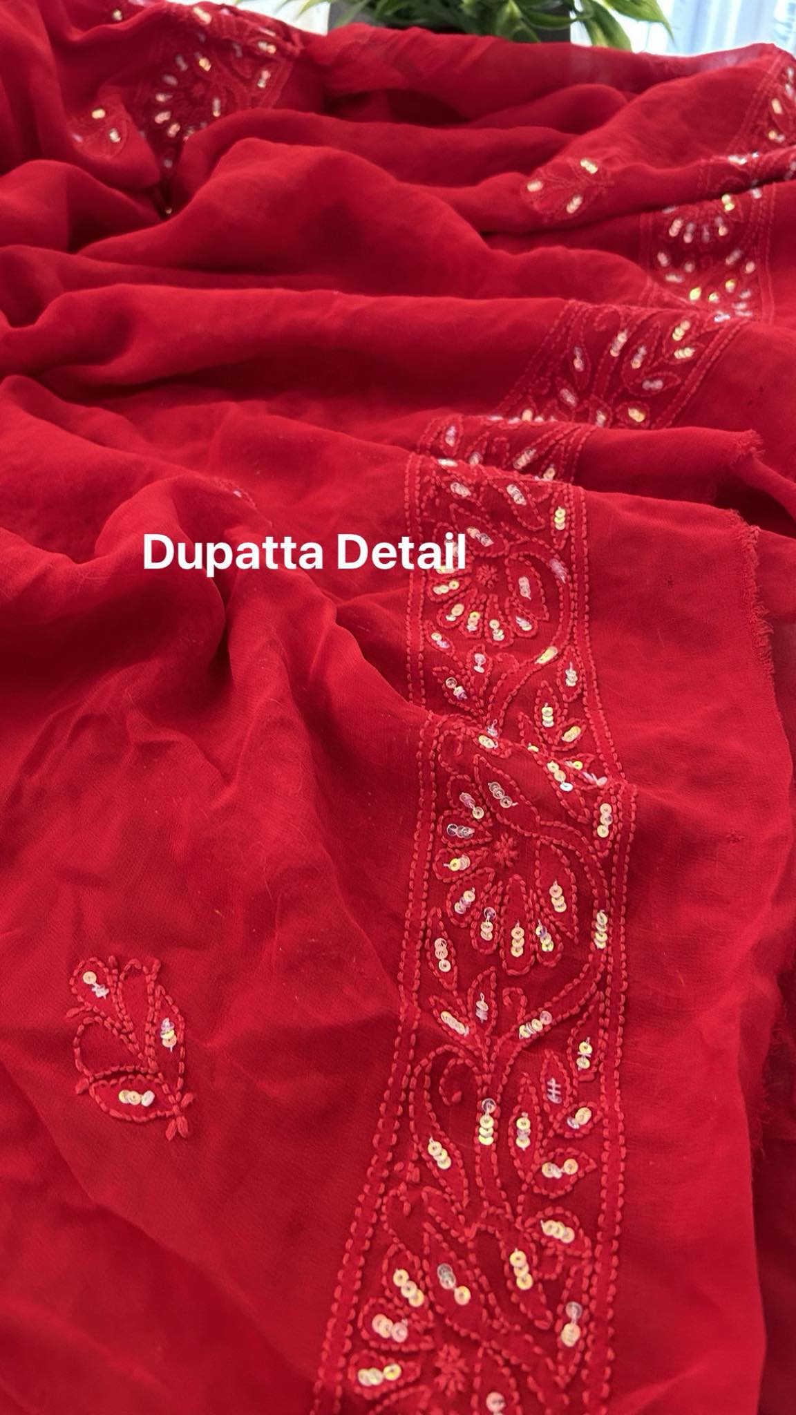 Red Chikankari Pearl Kurta & Dupatta Set