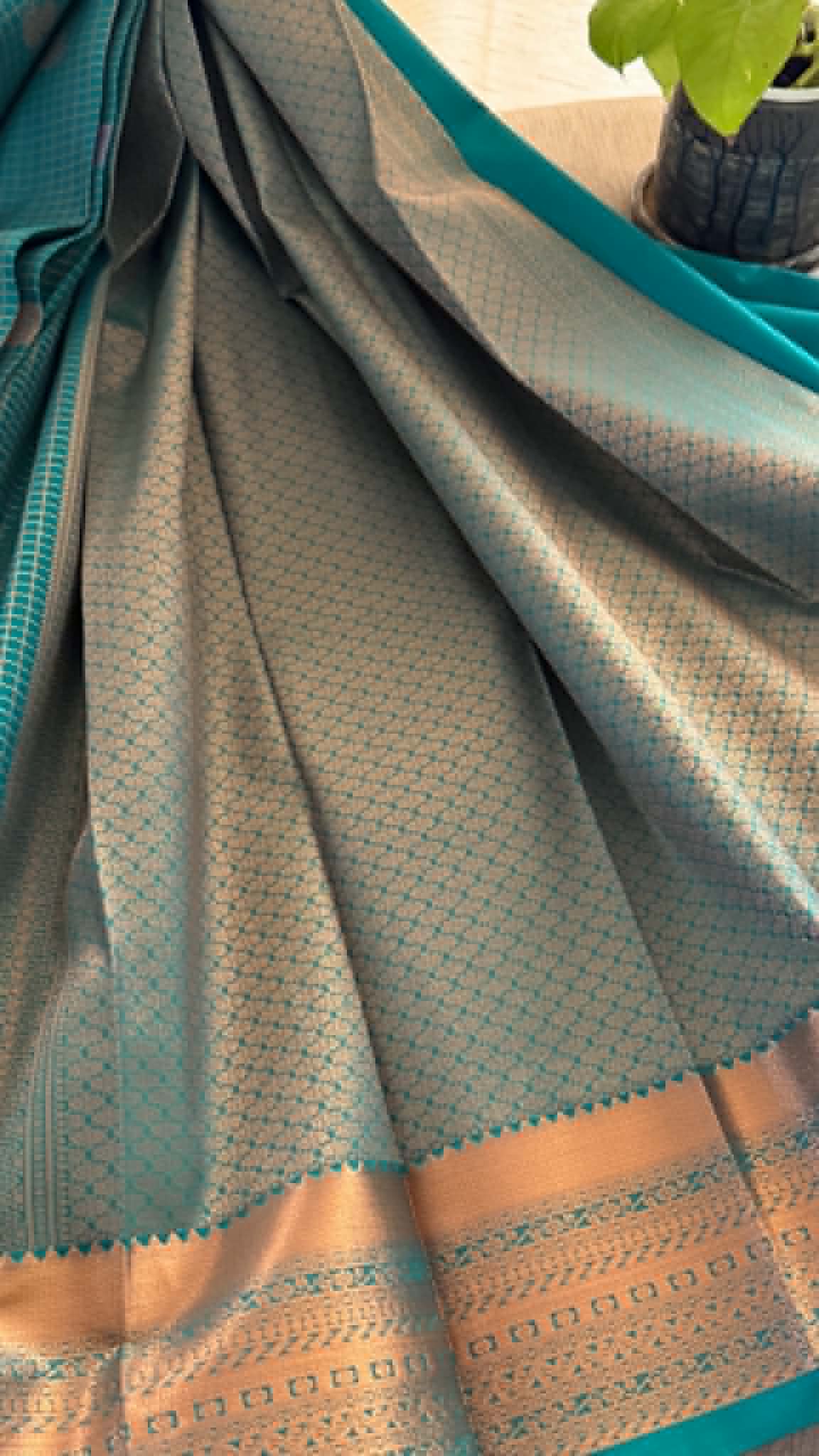 Designer Turquoise Checked Silk Saree