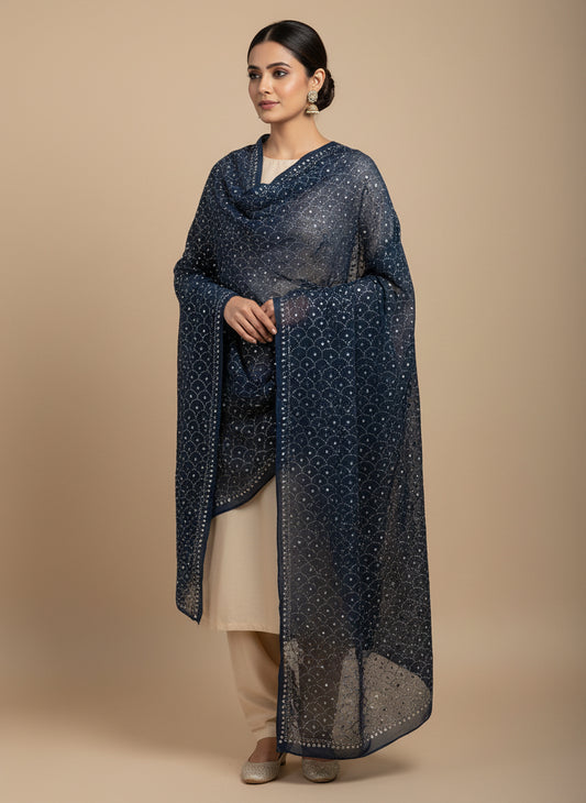 Navy Pure Georgette Mukaish Dupatta