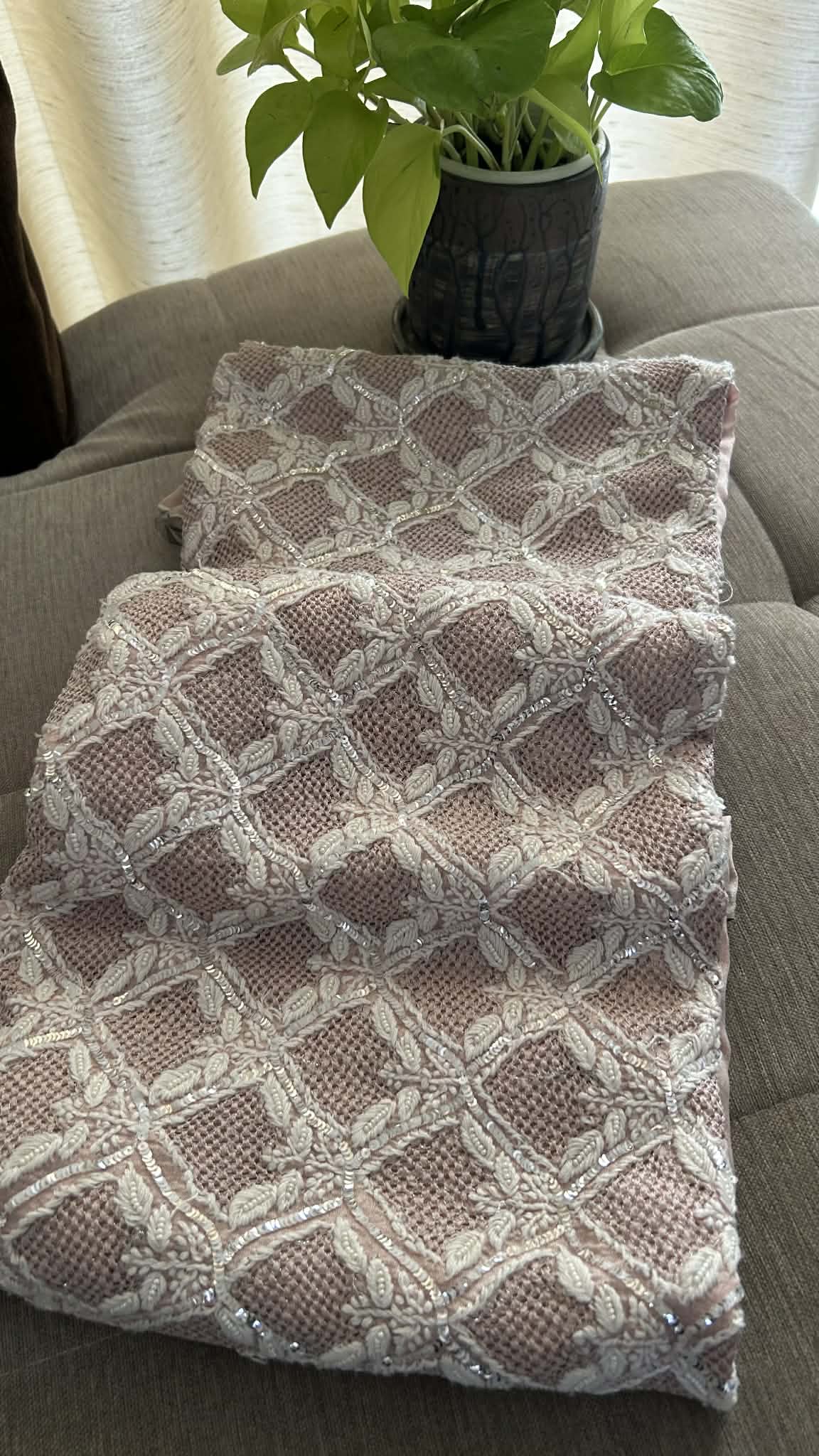 Rose Gold Hand Jaali & Pearl Tissue Chanderi Suit (Kurta & Dupatta)