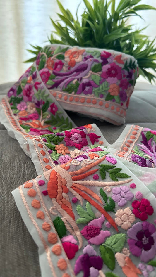 White & Multicolour Parsi Gara Hand Embroidered Border