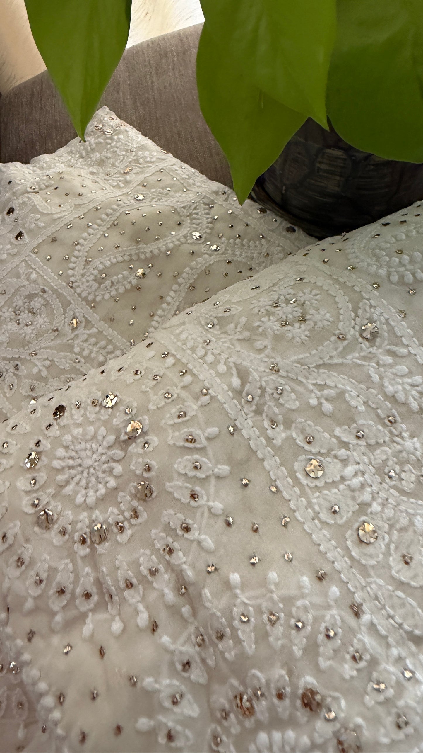 Ivory Pure Georgette Mukaish Chikankari Saree