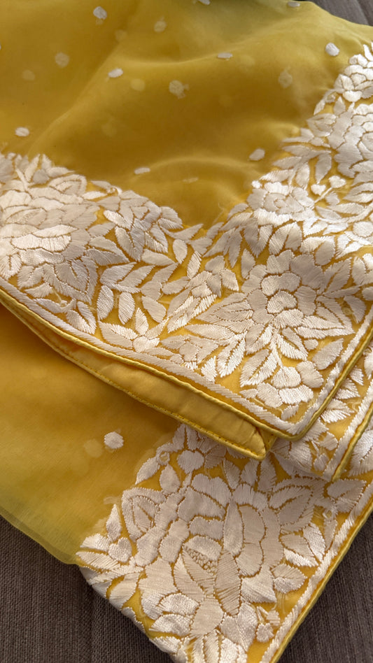 Exclusive Yellow Organza Parsi Gara Dupatta for Women