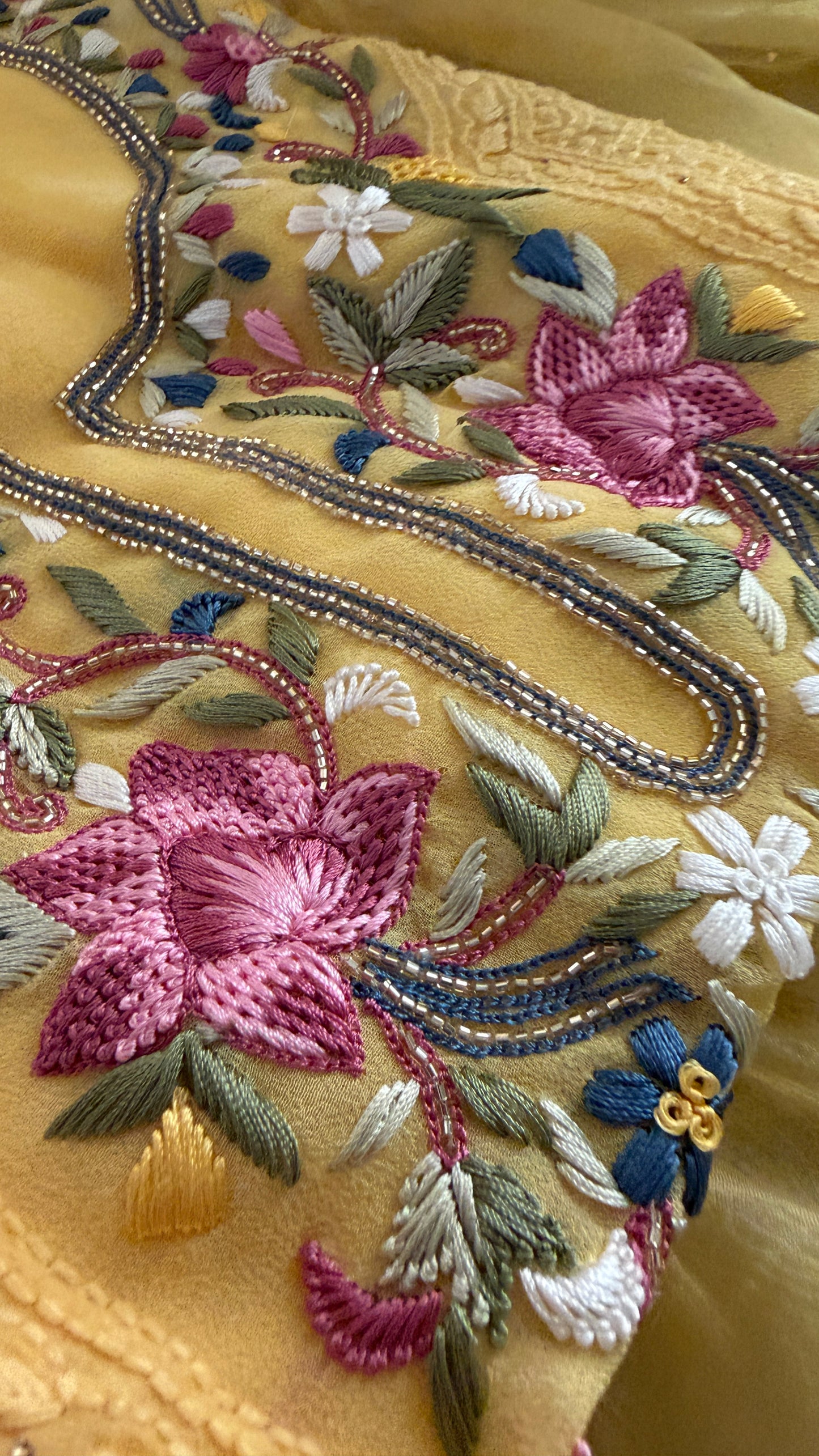 Yellow Parsi Inspired Chikankari Suit with Mukaish and Multicolour Neckline