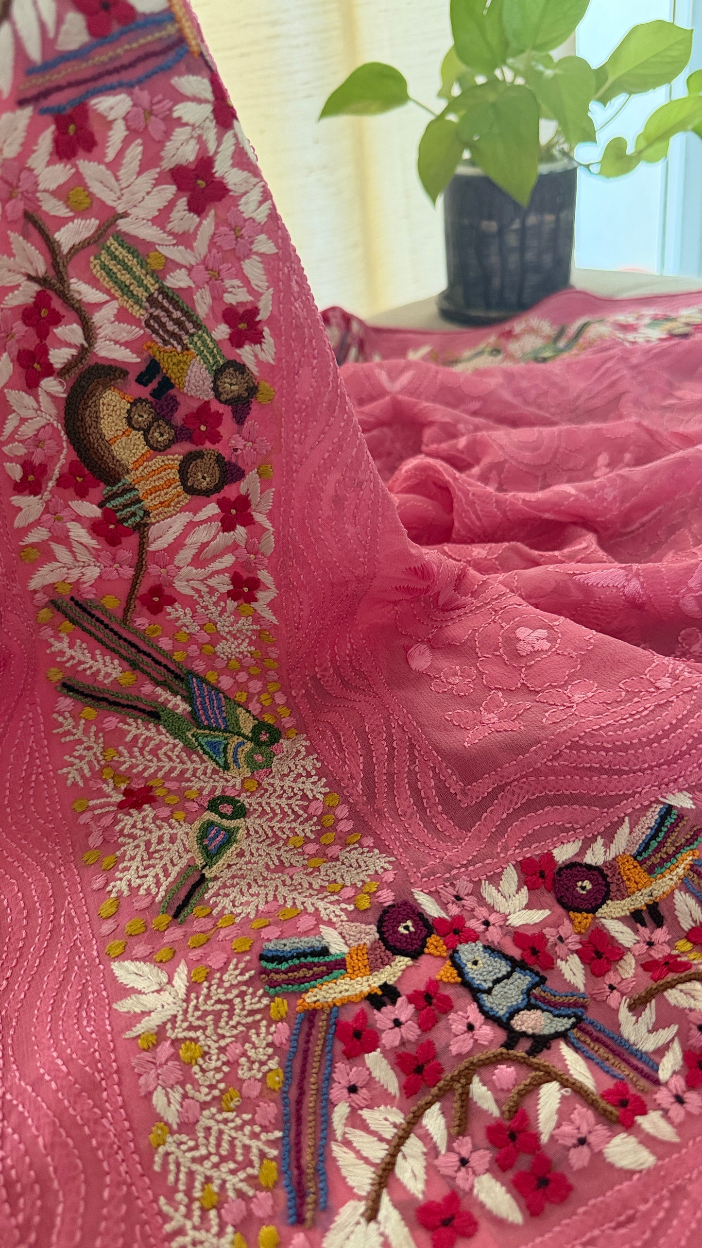 Designer Pink Hand Embroidered Parsi Gara Dupatta