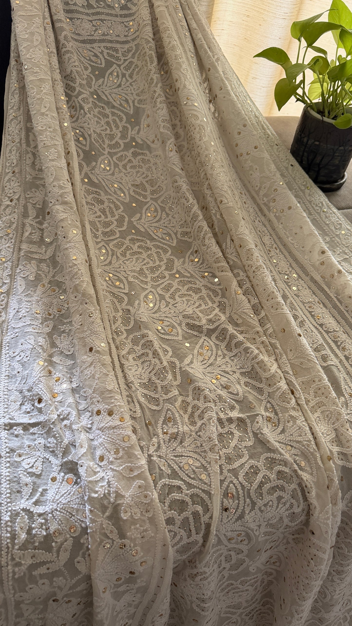Ivory White Golden Mukaish Chikankari Dupatta