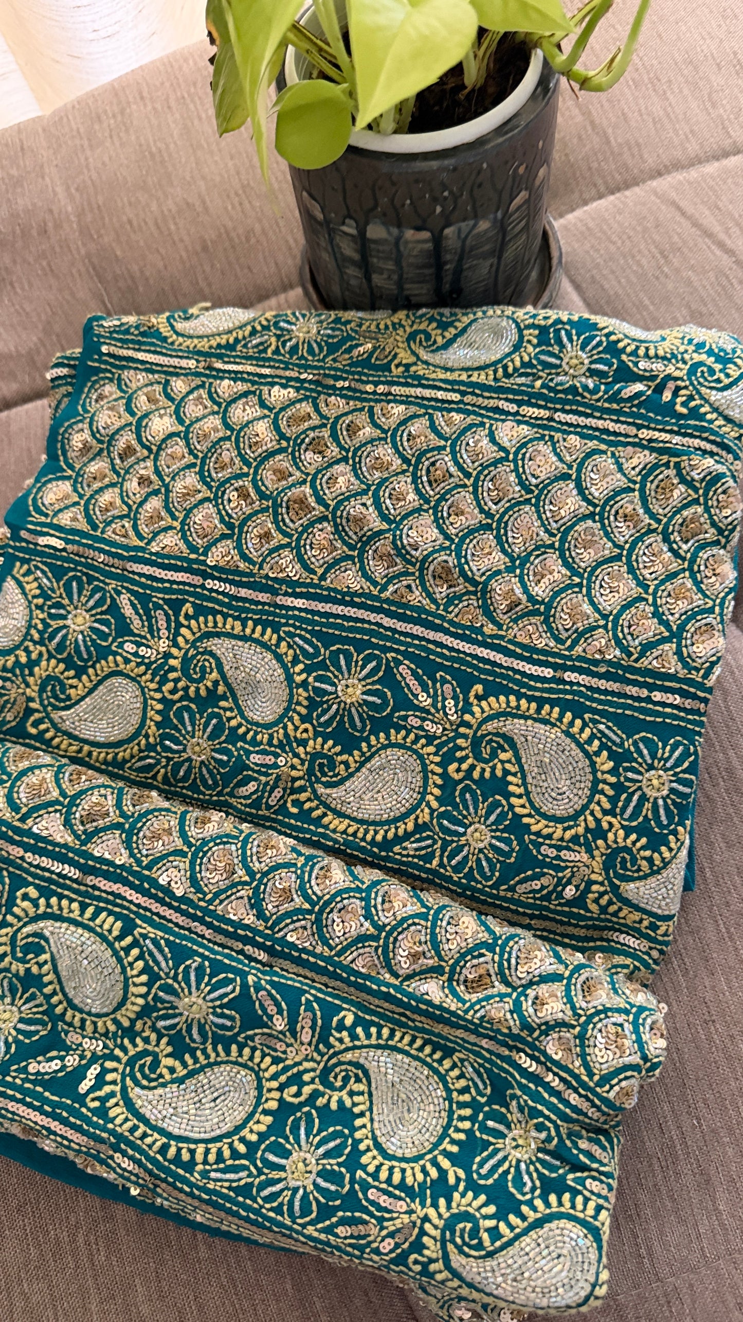 Masterpiece Green Gold Cut Dana Sequin Chikankari Suit (Kurta & Dupatta)