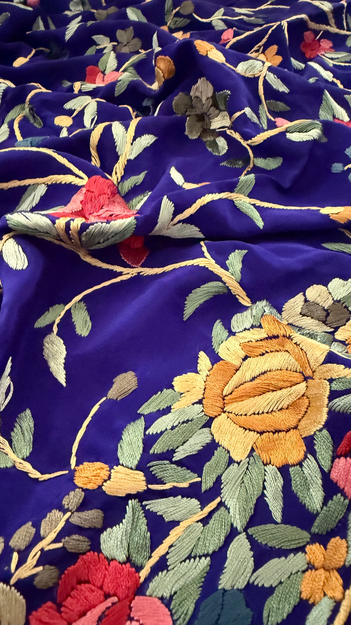 Royal Blue Floral Parsi Gara Suit (Three Piece)