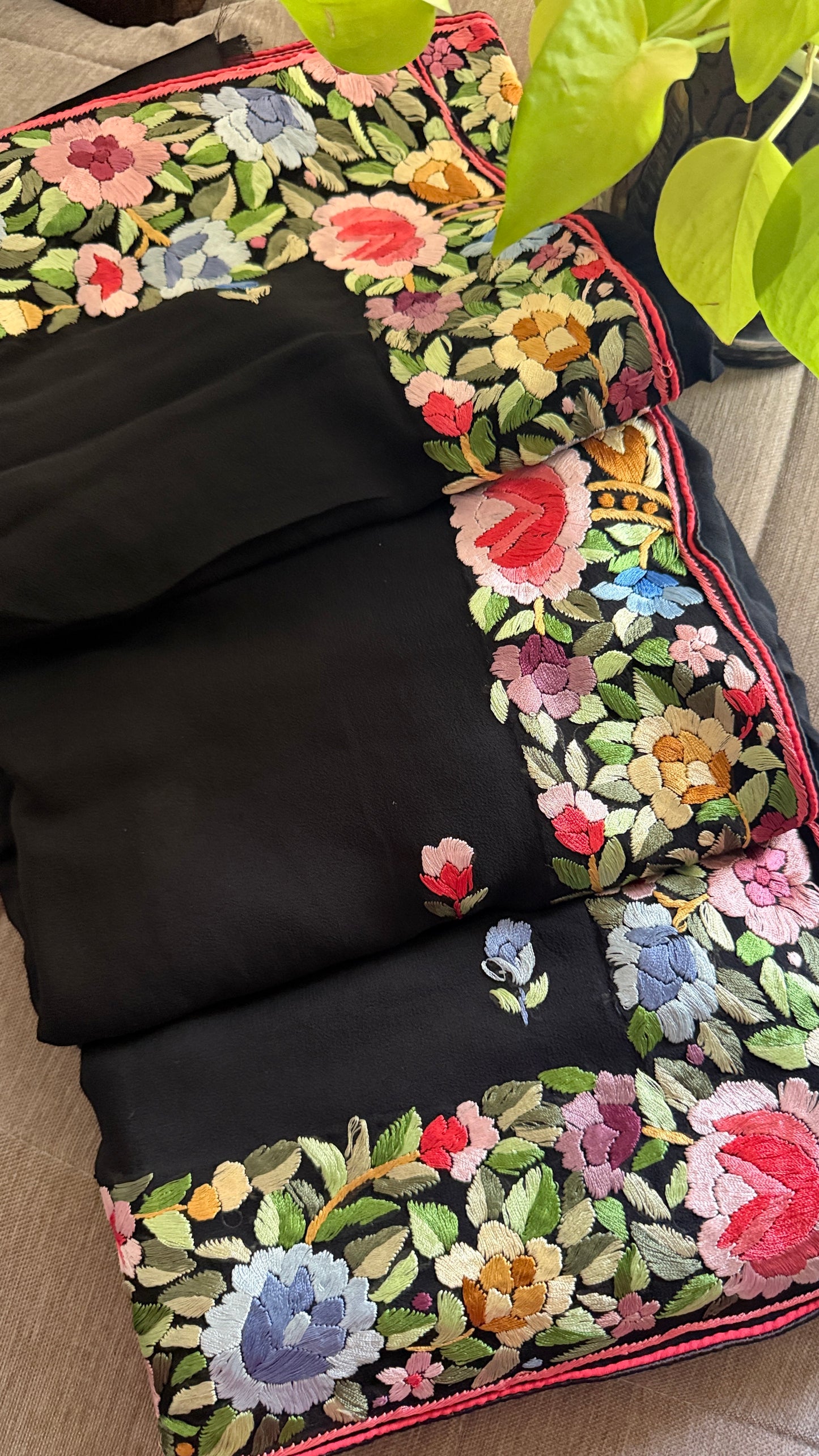 Black Parsi Gara Pure Georgette Saree