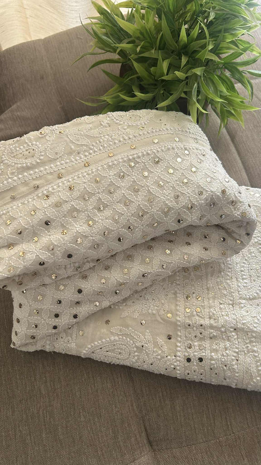 Ivory White Mukaish Chikankari Lehenga Skirt (Lehenga Only)