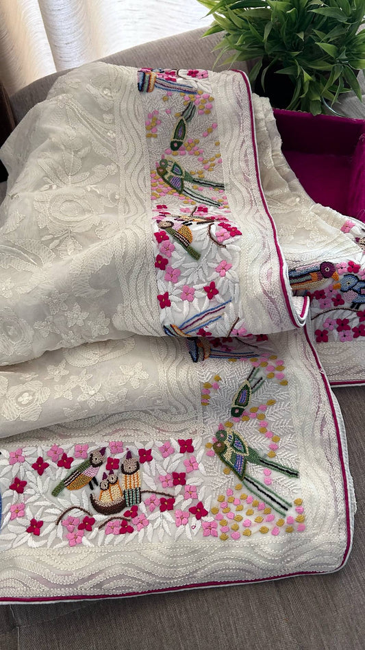 Chikankari, Parsi Gara & French Knot Hand Embroidered Dupatta