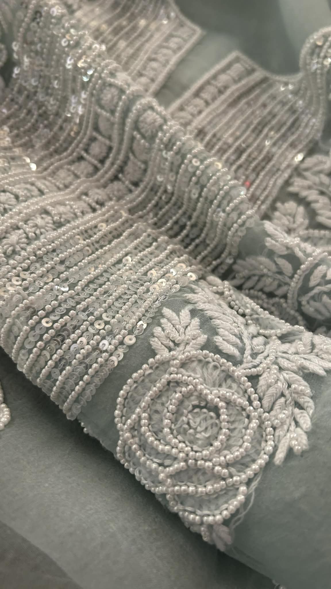 Exclusive Sage Green Organza Pearl Chikankari Suit