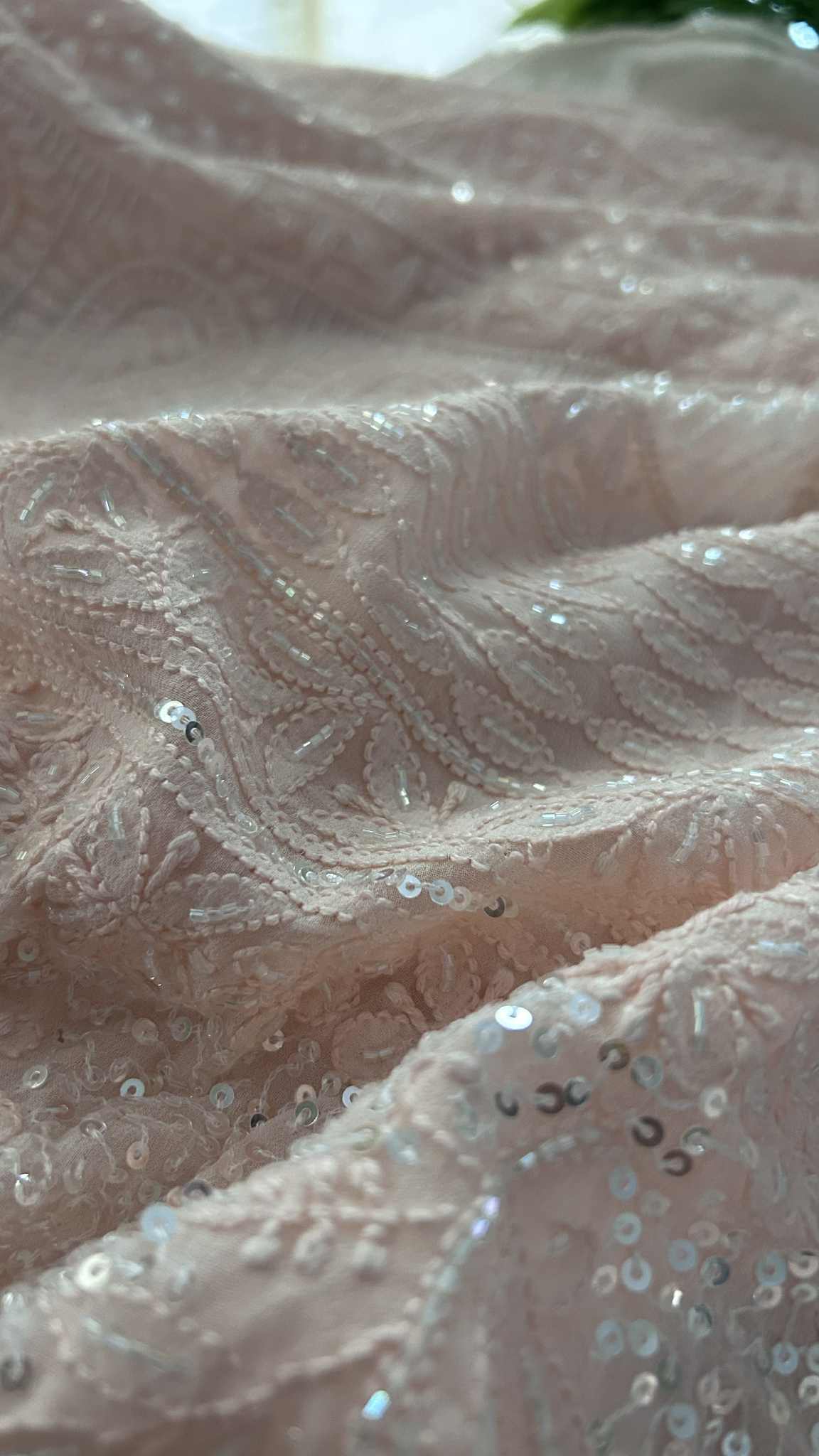 Peachy Pink Cut Dana Sequin Chikankari Saree