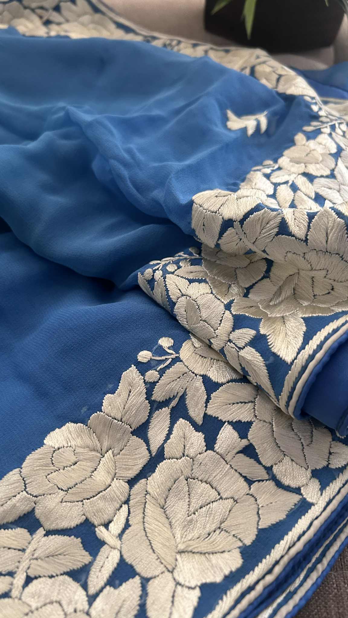 Pre Order Blue & Ivory Parsi Gara Dupatta