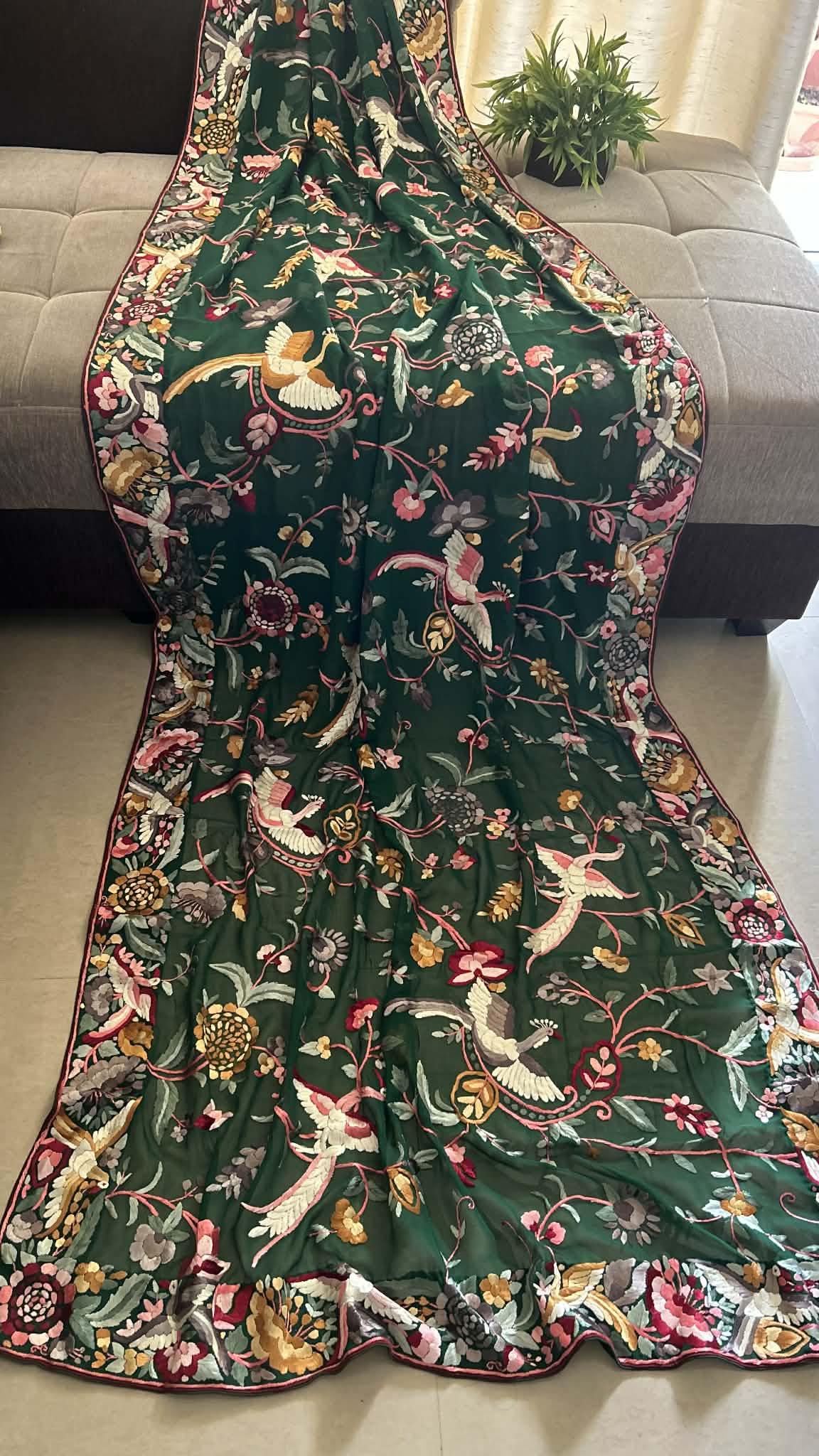 Emerald Green Multicolour Parsi Gara Dupatta