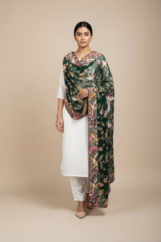 Emerald Green Multicolour Parsi Gara Dupatta