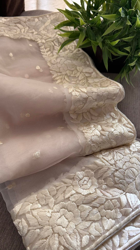 Ivory Organza Parsi Gara Dupatta