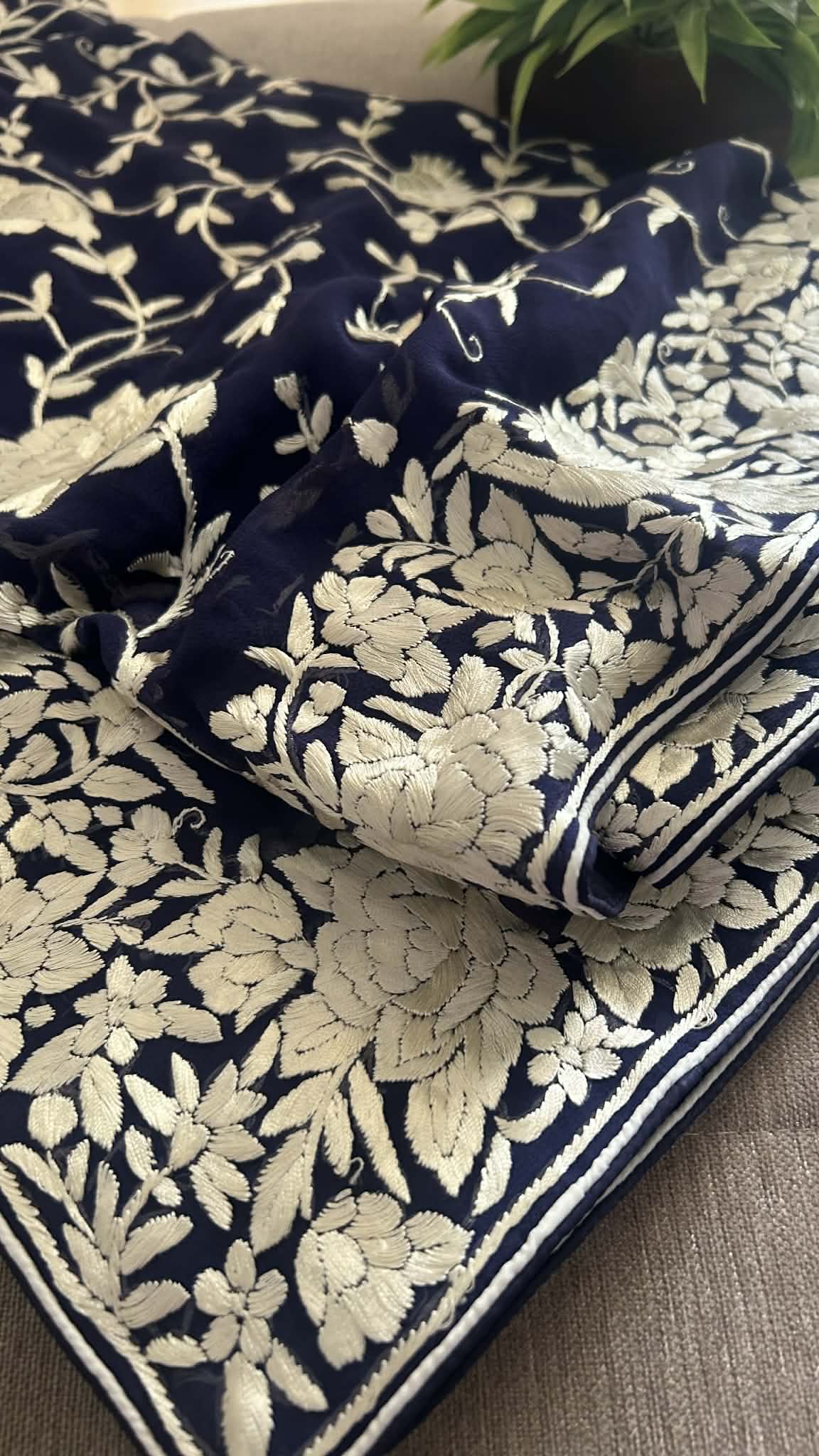 Elegant Navy Ivory Parsi Gara Saree