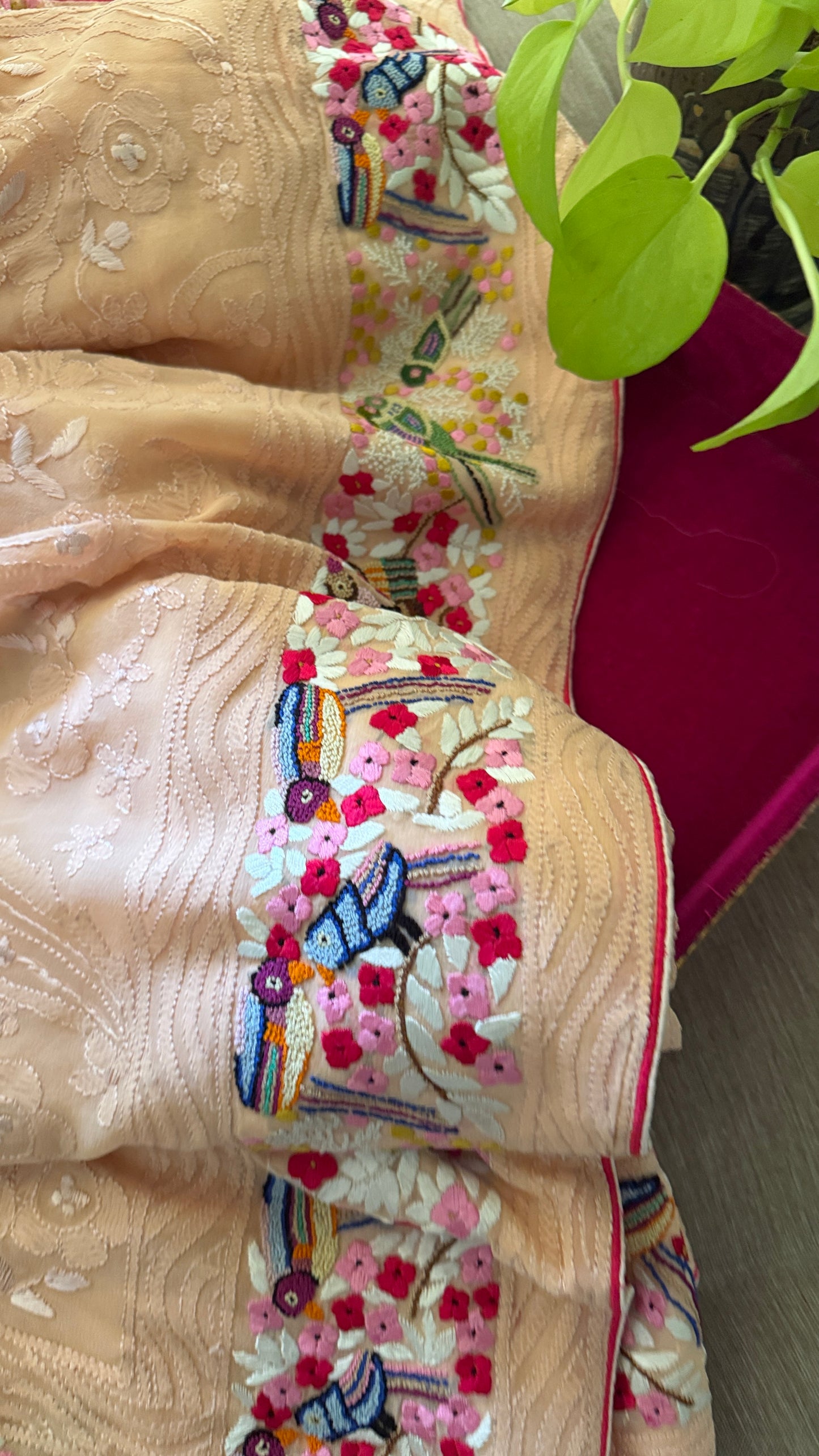 Peach Chikankari Parsi Gara Saree