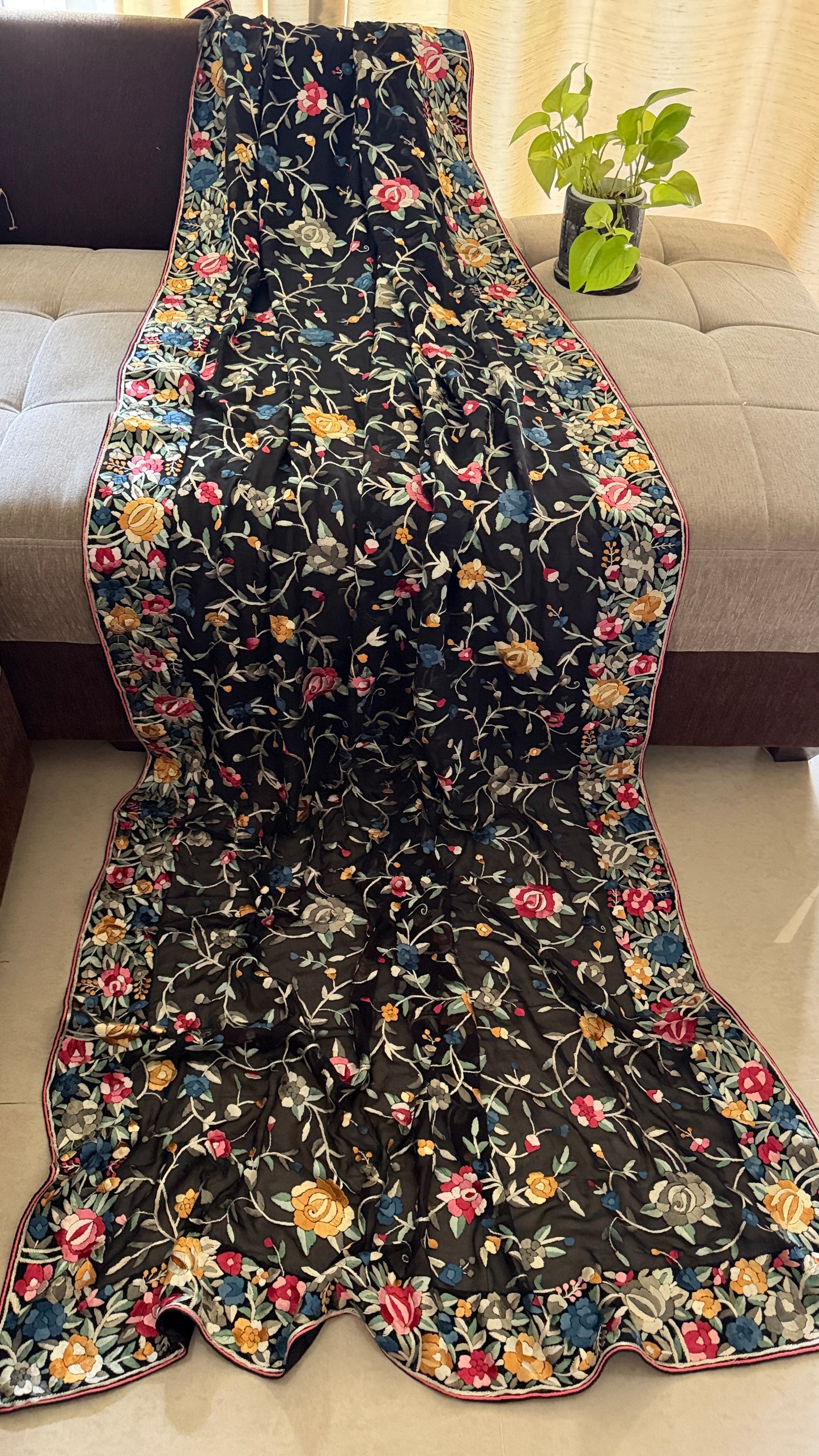 Black Floral Parsi Gara Dupatta with Multicolour Embroidery