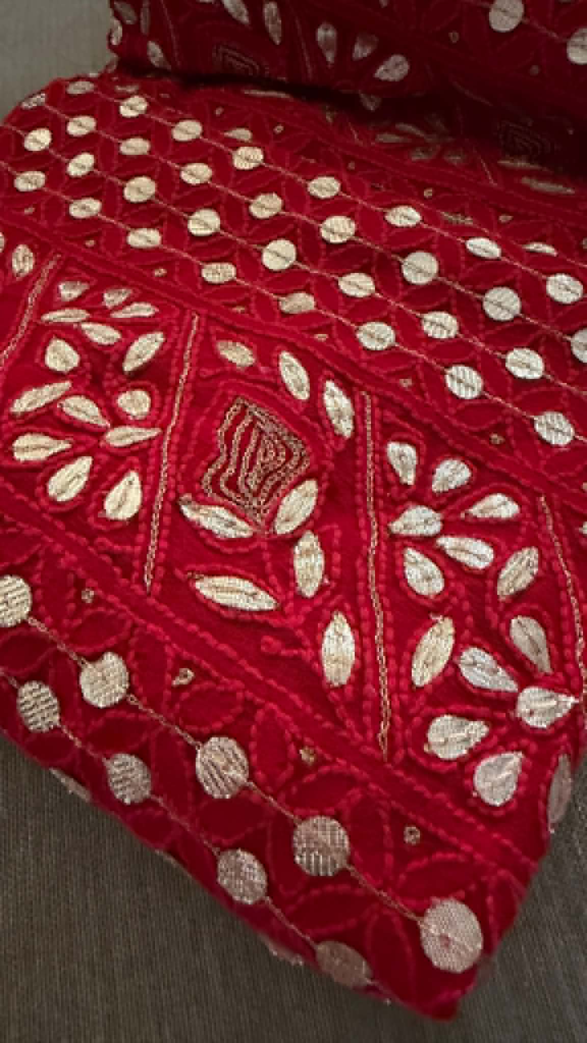Red Gota Patti Unstitched Chikankari Suit (Kurta & Dupatta)
