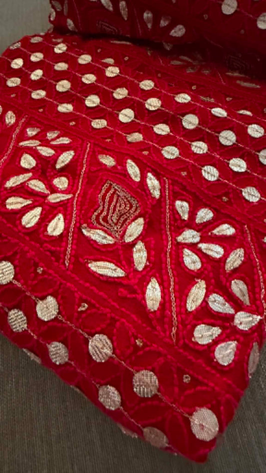 Red Gota Patti Unstitched Chikankari Suit (Kurta & Dupatta)