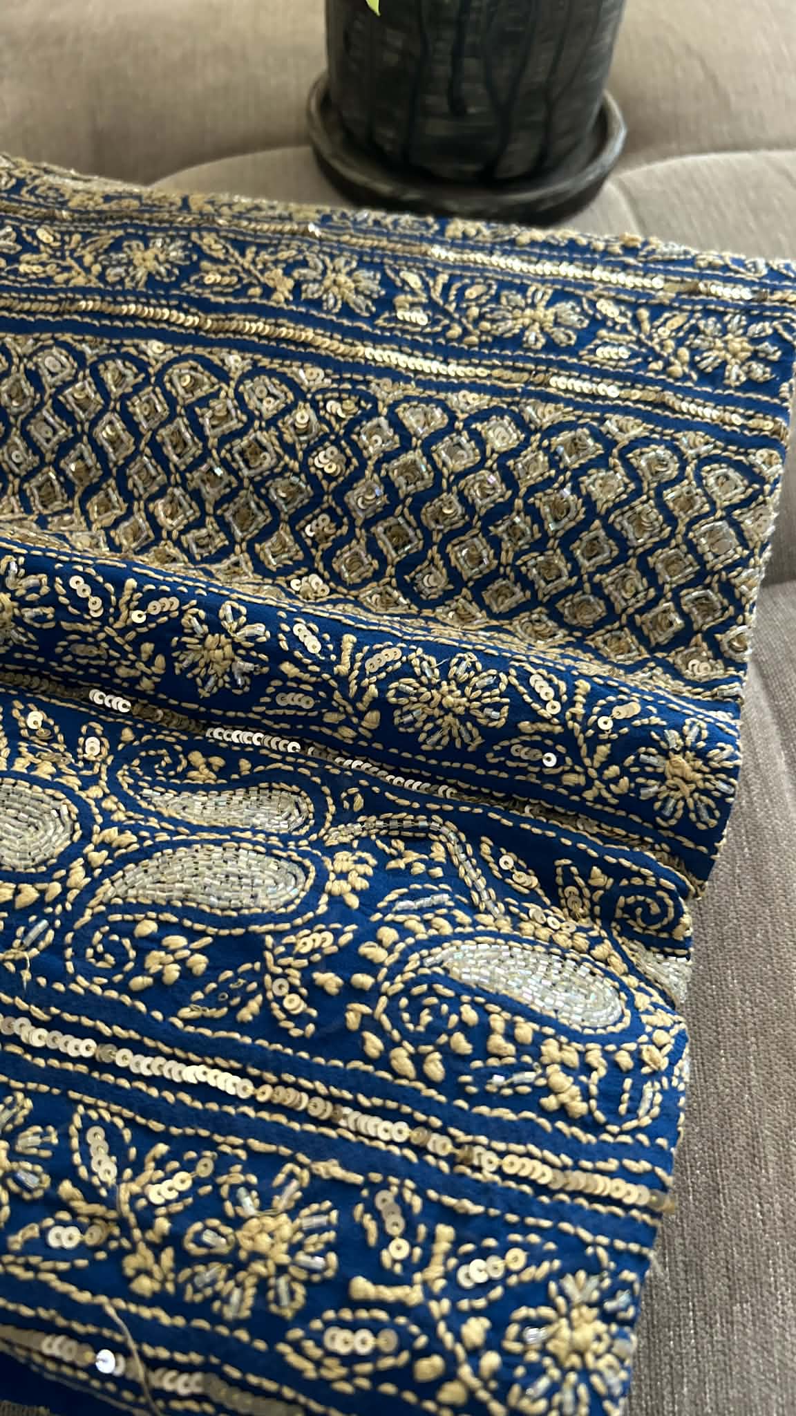 Blue Masterpiece Cut Dana Sequin Chikankari Suit (Kurta & Dupatta)