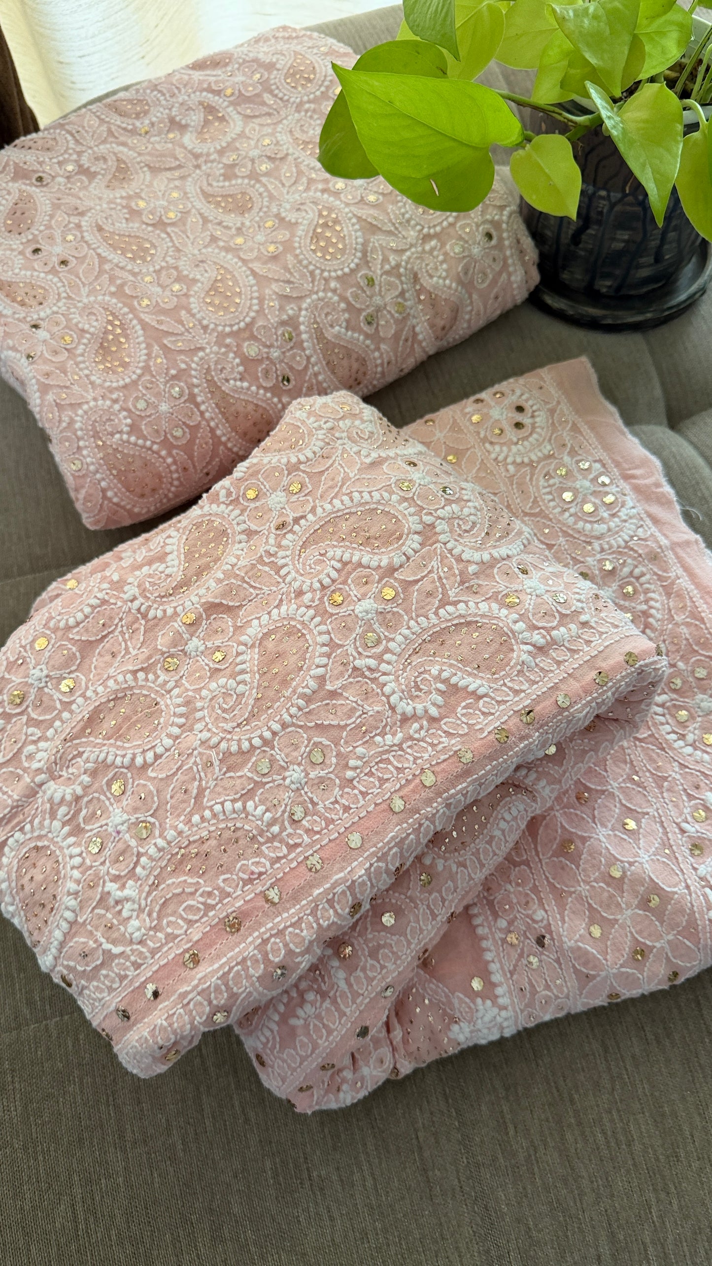 Pastel Pink Mukaish Chikankari Lehenga Set