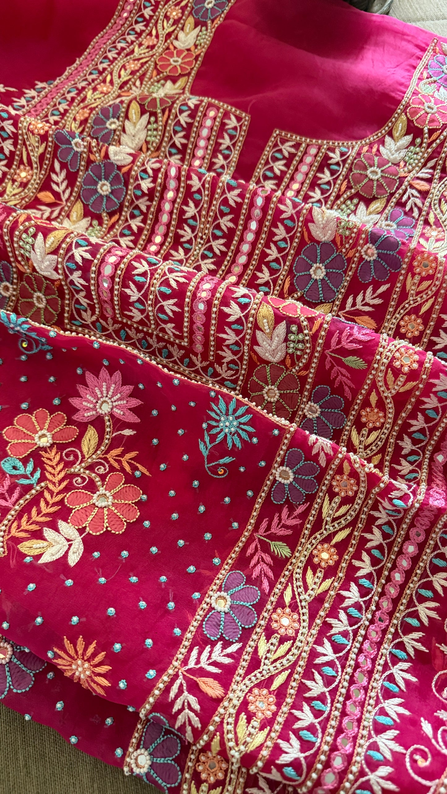 Luxury Pearl Handcrafted Organza Chikankari Suit- Magenta