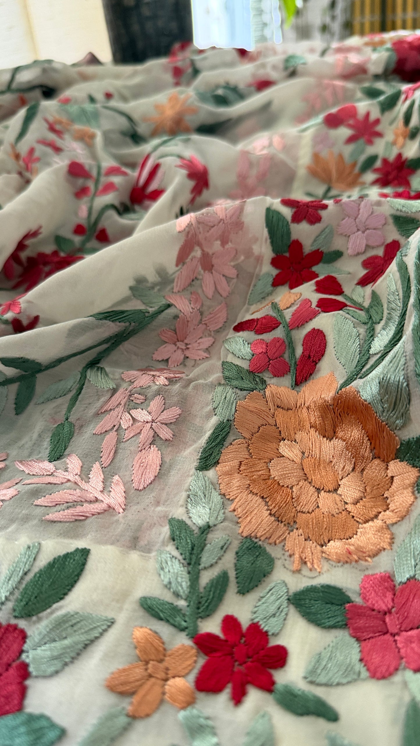 Heirloom Ivory Floral Parsi Gara Dupatta