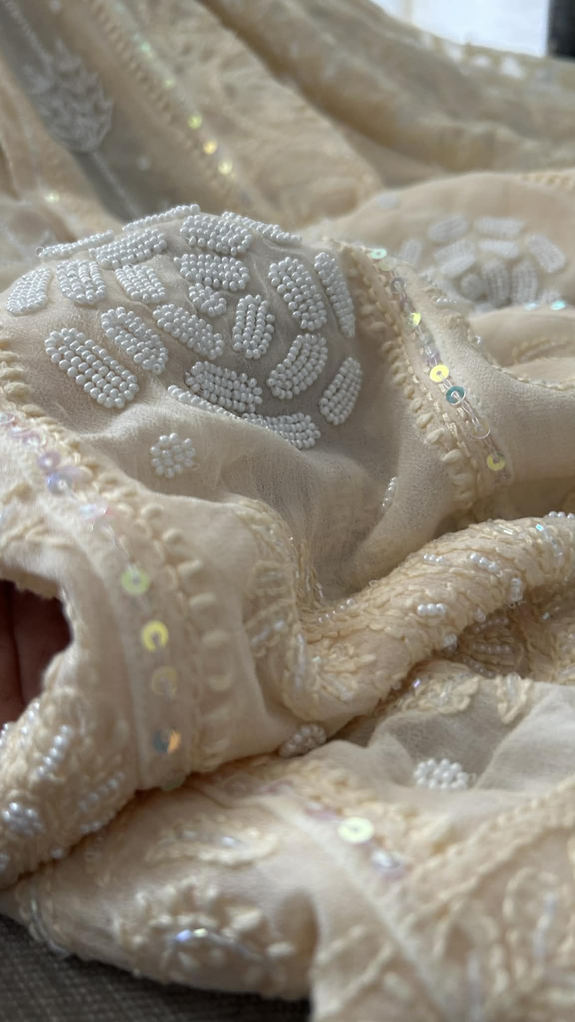 Beige Pearl Chikankari Anarkali Suit