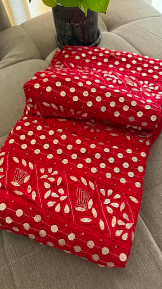 Red Gota Patti Unstitched Chikankari Suit (Kurta & Dupatta)