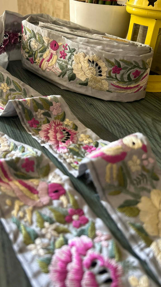 Grey Multicolour Parsi Gara Border (2 inches)