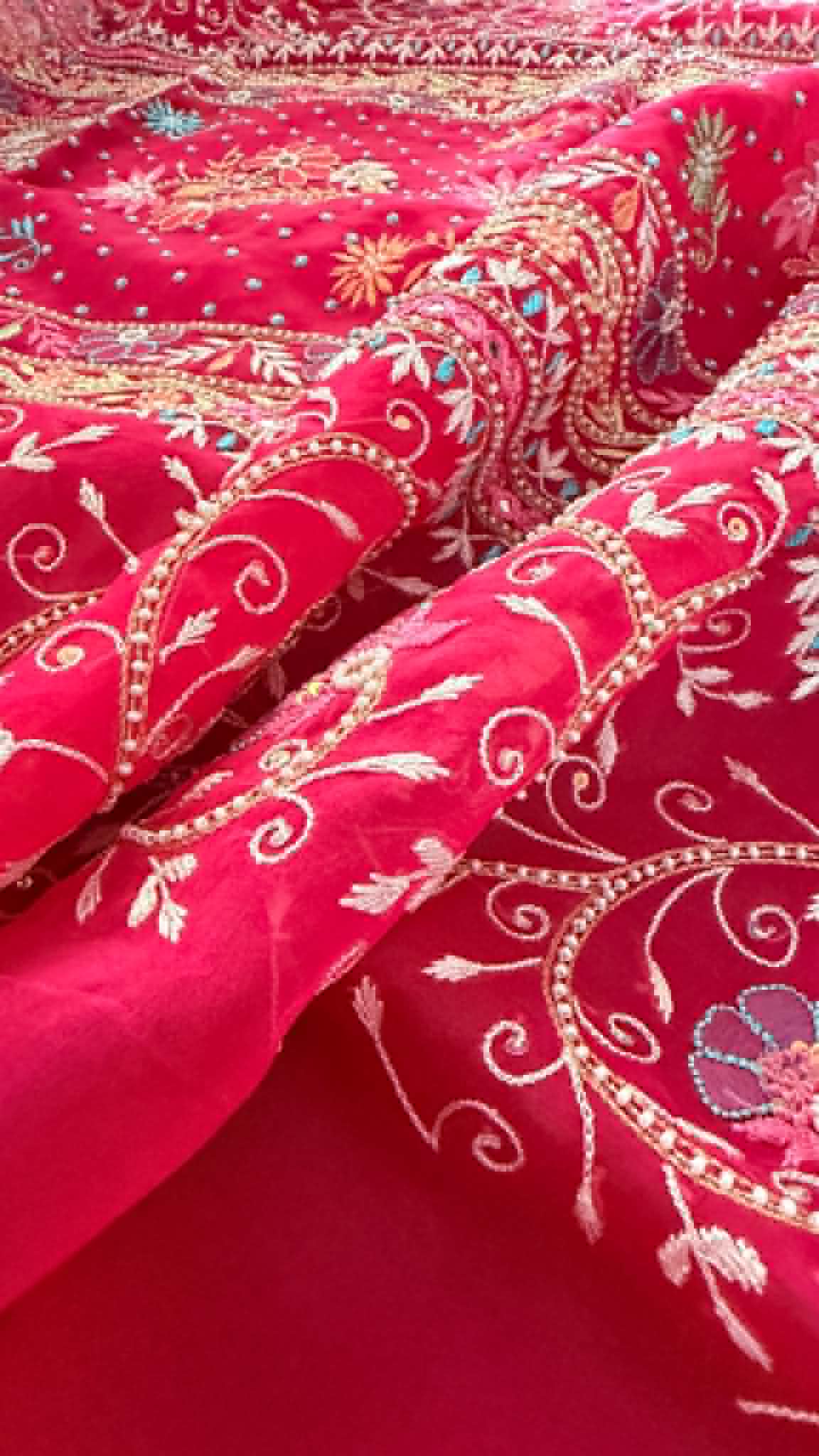 Luxury Pearl Handcrafted Organza Chikankari Suit- Magenta
