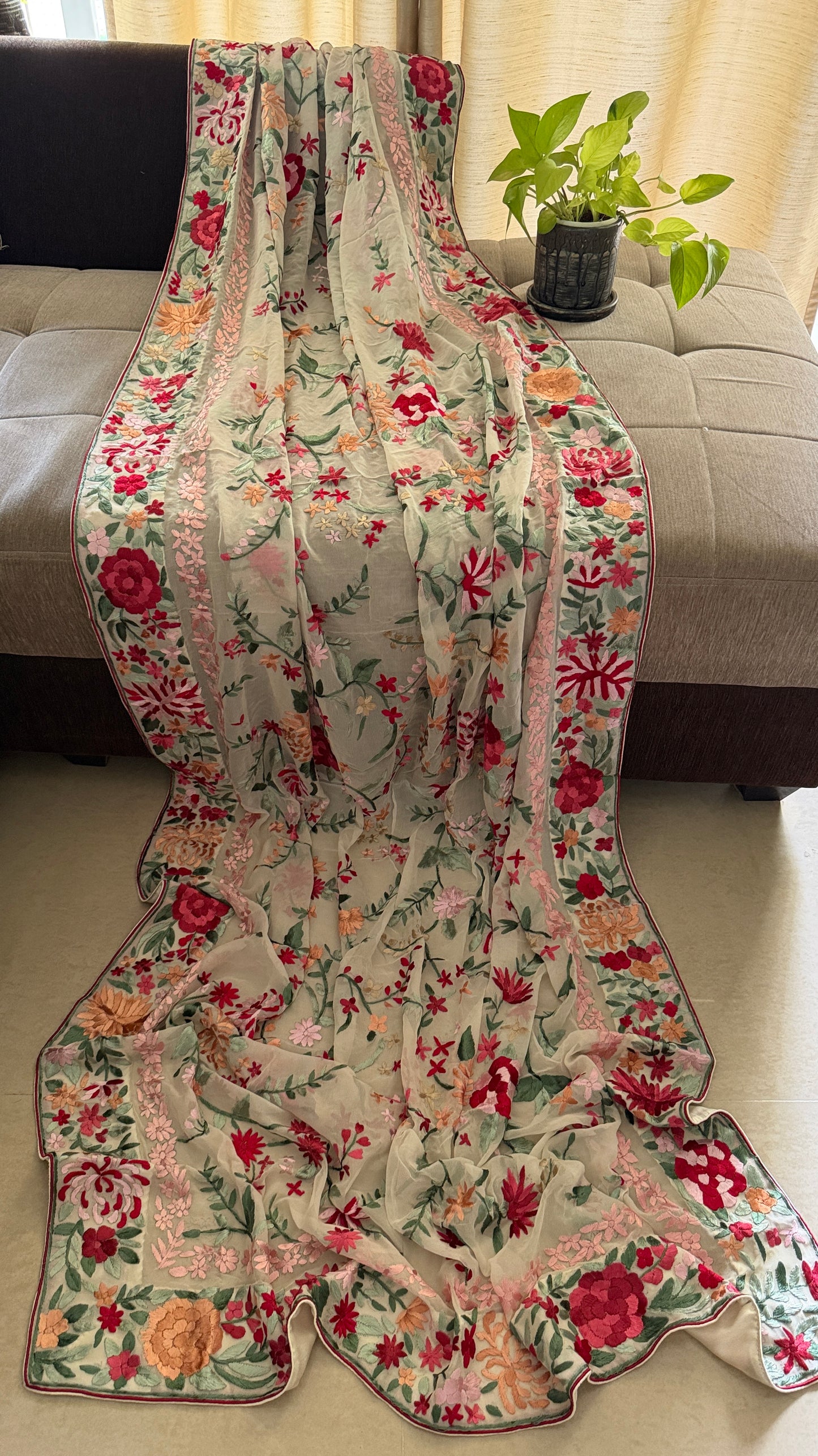 Heirloom Ivory Floral Parsi Gara Dupatta