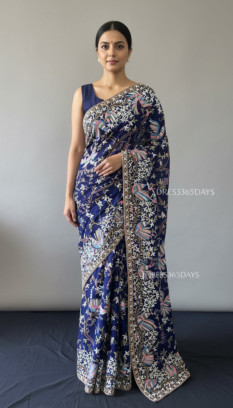Pre -Order Exclusive Navy Multicolour Parsi Gara Saree