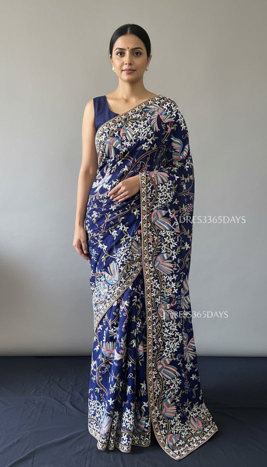 Pre -Order Exclusive Navy Multicolour Parsi Gara Saree
