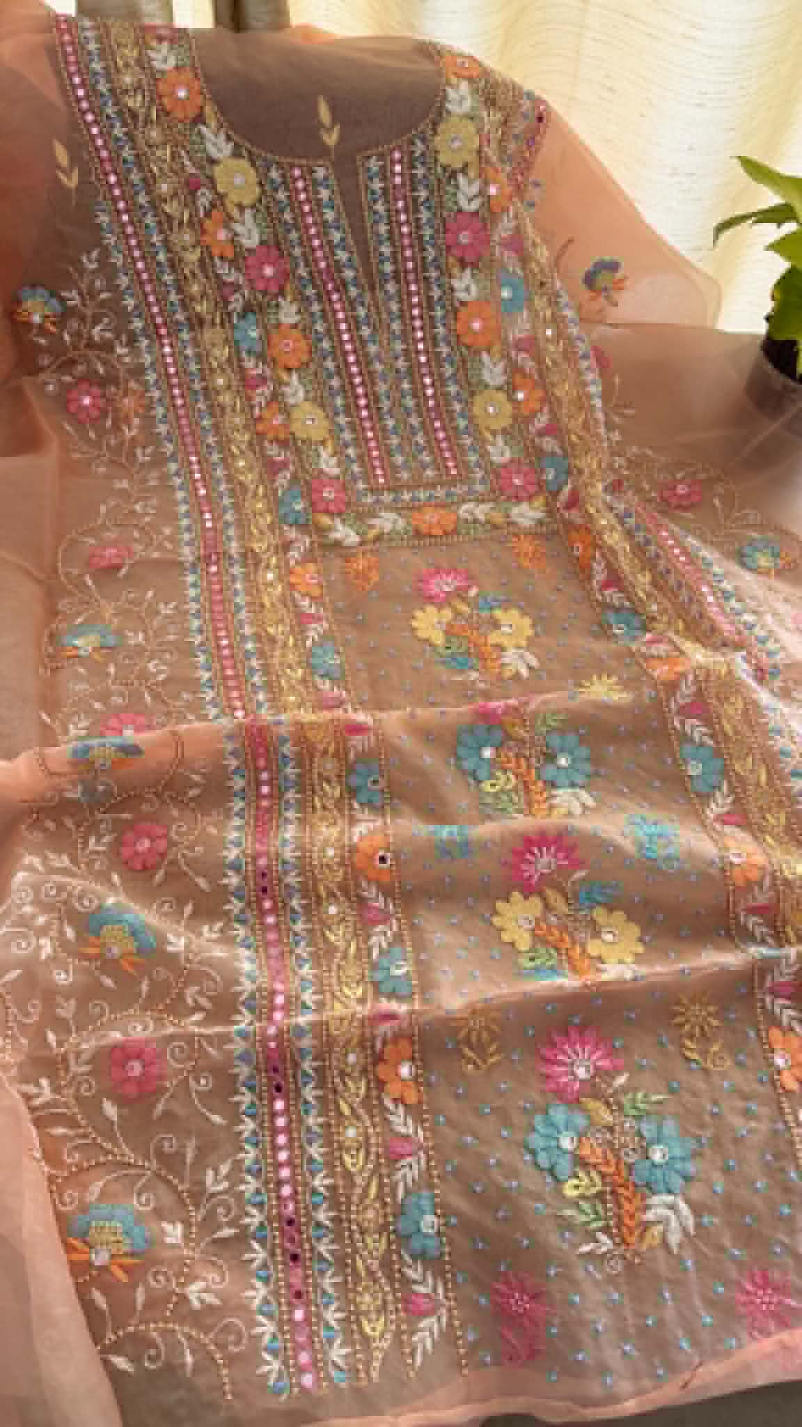 Luxury Pearl Handcrafted Organza Chikankari Suit- Peach